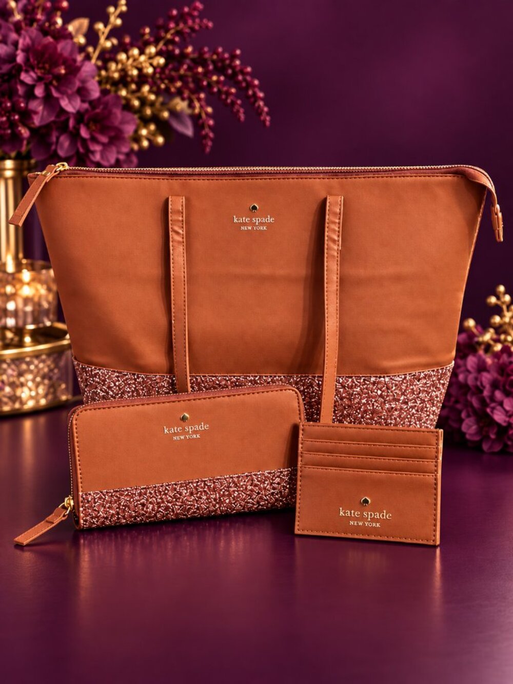 KATE SPADE New York Greta Court Penny Tote Wallet Cardholder 3 Piece Glitter Set